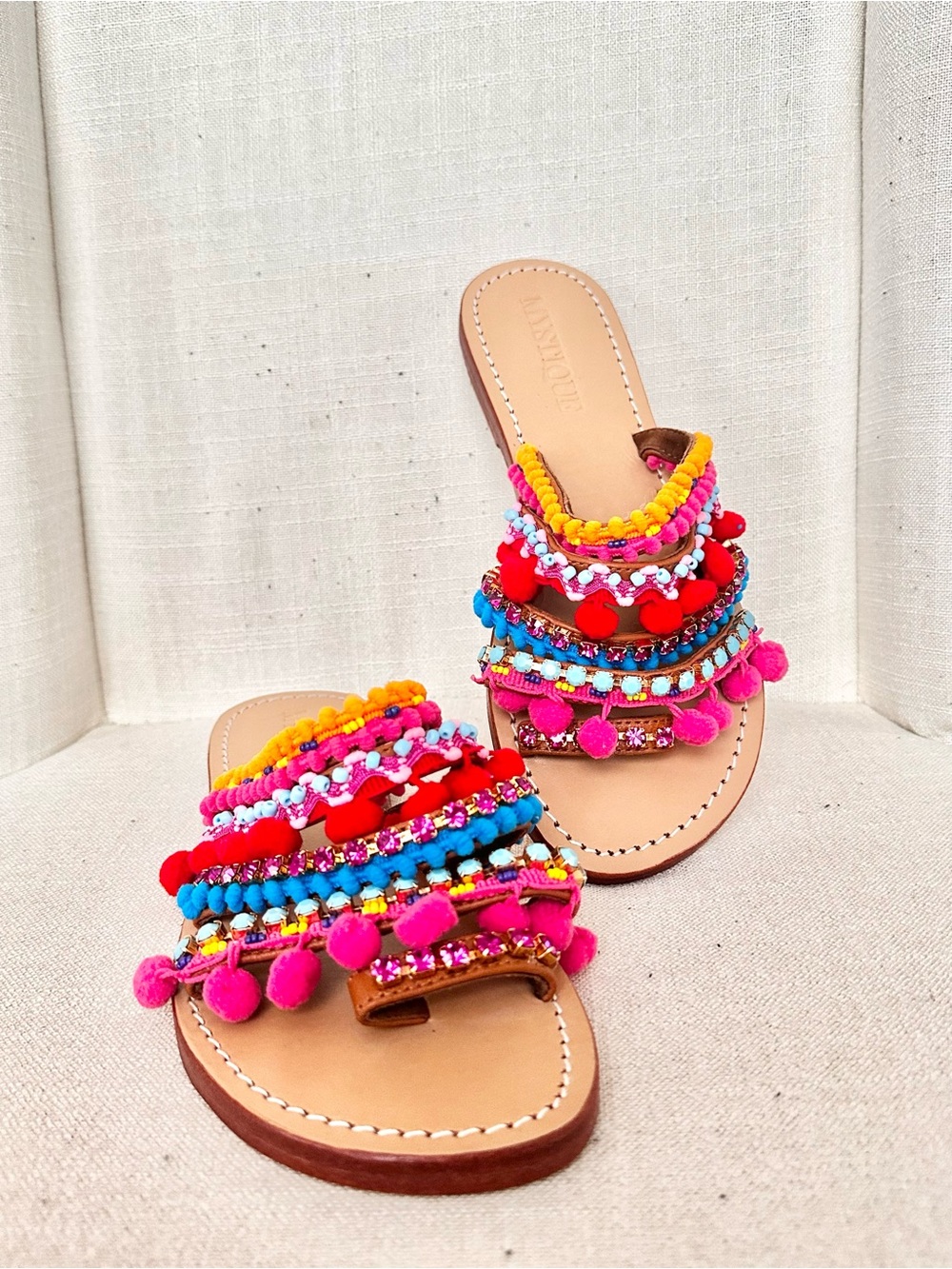 Mystique Boho Leather Embellished Pom-Pom Sandals Size 9